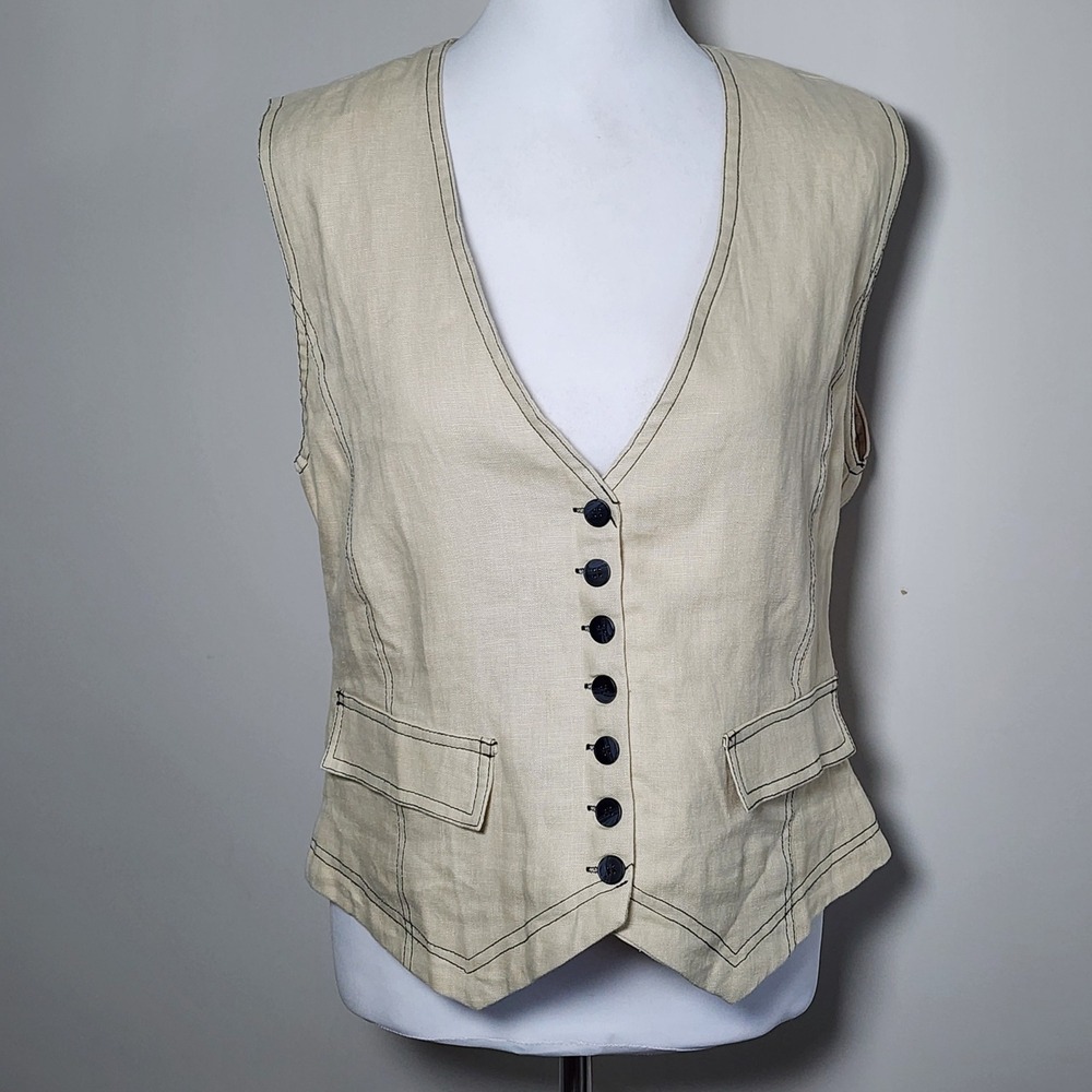 a. ren Linen Vest Womens Medium Beige Contrast Stitch Waistcoat Coastal Earthy